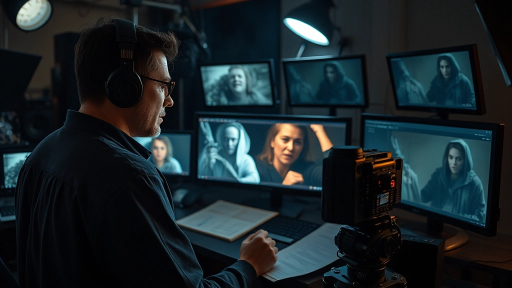 Professional film director reviewing horror footage on cinema monitors, surrounded by technical equipment and reference materials, intense concentration, moody studio lighting