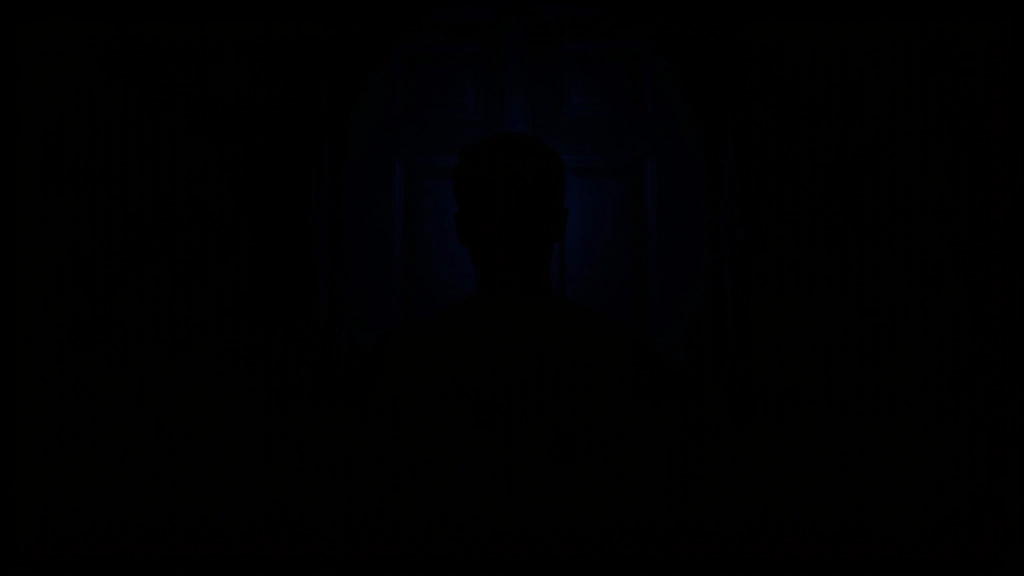 Silhouette of person alone in dark room with eerie blue light reflecting off face, minimalist composition emphasizing isolation and psychological unease