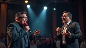 Professional comedians performing on stage with dramatic lighting and expressive facial expressions, modern theater setting with audience silhouettes visible, photorealistic digital cinema photography, emotional performance moment captured mid-gesture