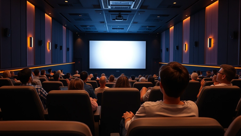 Contemporary movie theater interior with modern seating and ambient lighting, screen glowing with projection, audience members watching with varied expressions, digital cinema technology visible, warm atmospheric lighting