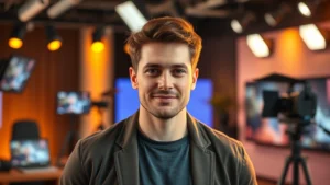 Professional male actor in modern television studio setting, warm lighting, confident expression, contemporary clothing, digital media background elements, high-quality cinematic photography