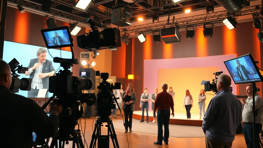 Television production set with multiple cameras and lighting rigs, professional actors performing scene, warm studio atmosphere, production crew visible, sophisticated entertainment environment