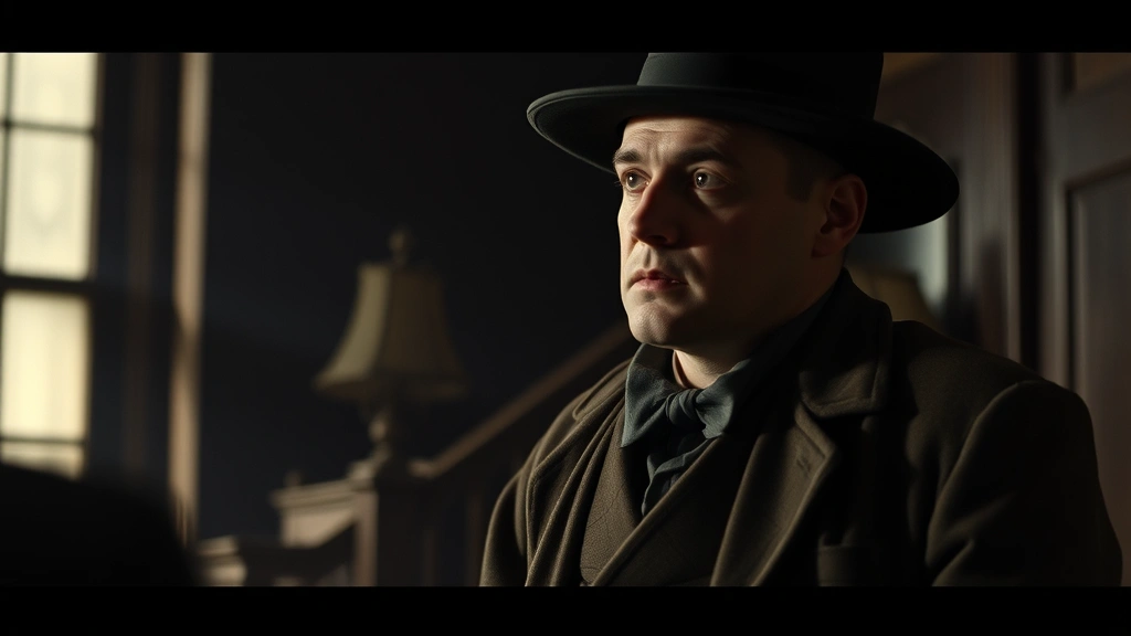 Film still from dramatic moment showing actor in period costume during 1930s Depression era, cinematic lighting, emotional character study, no text or visible interfaces