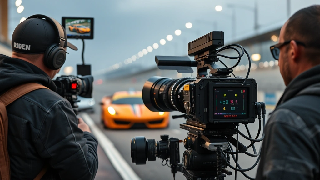 Behind-the-scenes cinematography setup showing professional camera equipment on movie set during racing sequence, filmmaking craft demonstration, authentic production environment