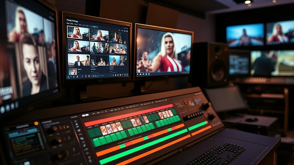 Close-up of professional film editing workstation with color grading interface, post-production studio setting, showing technical filmmaking processes, no visible text on screens