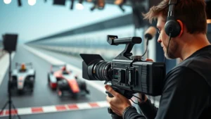 Professional cinematographer operating camera on film set with racing backdrop, shallow depth of field, studio lighting, photorealistic detail on equipment