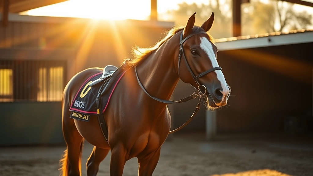 Thoroughbred horse in racing gear standing in sunlit stable with handler, golden hour lighting, muscular definition visible, peaceful equestrian environment