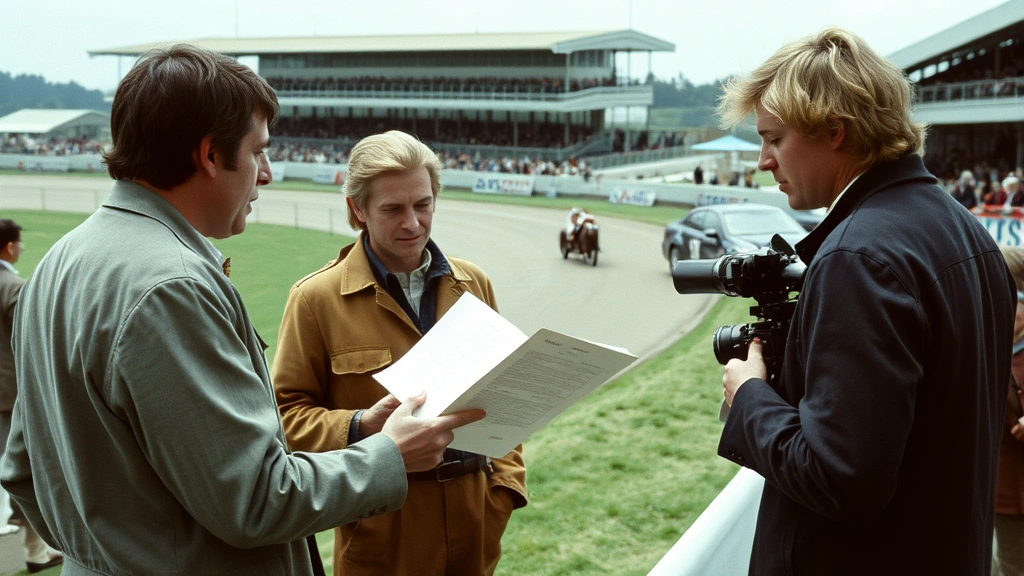 1970s film production scene with director and actors reviewing script on outdoor racing venue location, vintage clothing, natural daylight, collaborative atmosphere