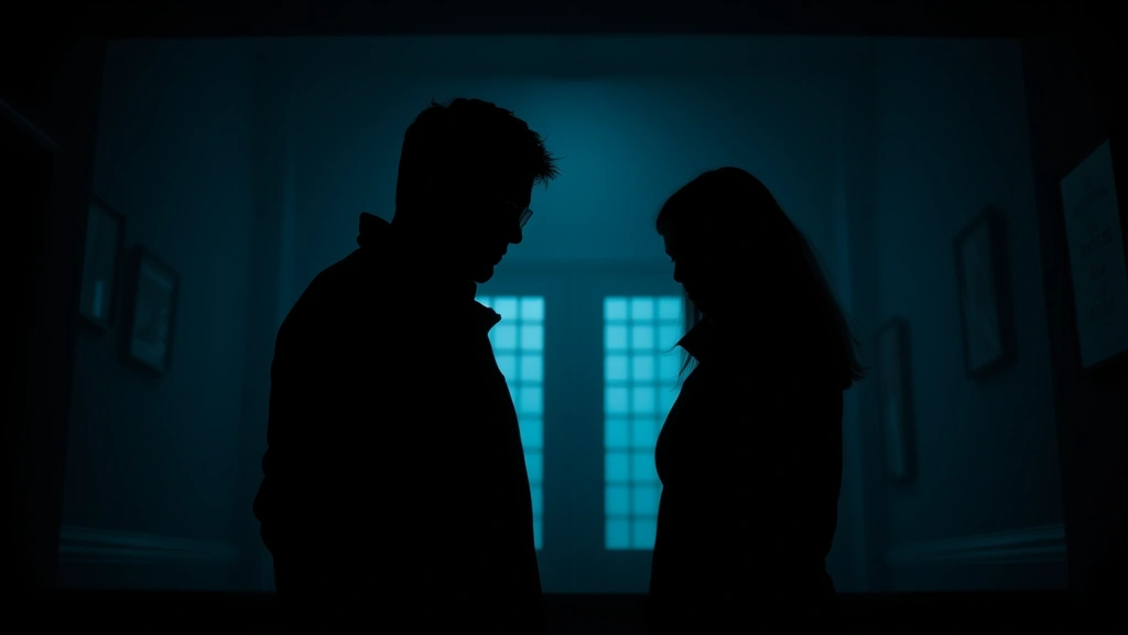 Cinematic wide shot of two figures silhouetted against dimly lit interior, suggesting tension and hidden conflict, cool color grading with shadows obscuring faces, moody atmospheric lighting
