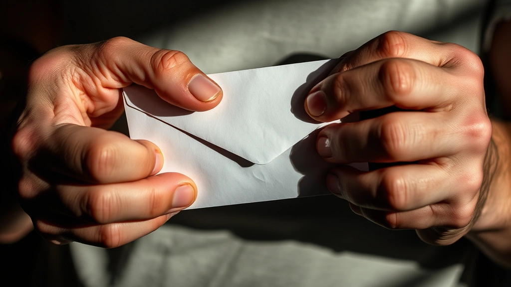 Close-up of hands trembling while holding a sealed envelope, dramatic side lighting creating shadows, photorealistic texture showing paper and skin detail, tense intimate moment