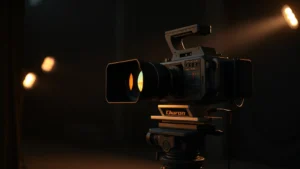 Cinematic composition showing a film production setup with professional camera equipment mounted on a dolly, dramatic stage lighting creating shadows and highlights, minimalist set design with dark tones, close-up focus on lens elements reflecting amber and cool blue light, no visible screens or text, photorealistic professional filmmaking environment