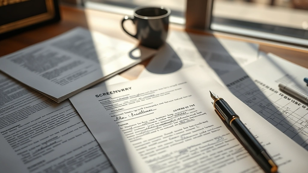 Abstract visualization of screenplay pages scattered across a wooden desk with fountain pen, coffee cup creating ambient shadows, natural window light casting geometric patterns, pages showing handwritten annotations and crossed-out text, shallow depth of field, warm color grading, no readable text visible, emphasizing creative writing process