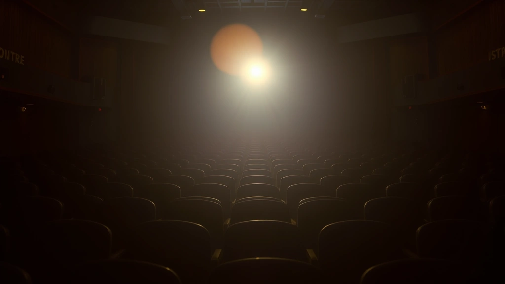 Dark atmospheric scene of empty cinema seats in silhouette with single spotlight creating dramatic contrast, theater interior with rows of seats receding into darkness, warm gold and deep blue color palette, moody cinematic lighting suggesting anticipation and introspection, photorealistic theater environment, no visible text or signage