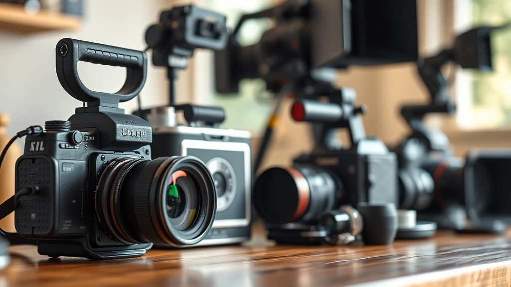 Close-up of film production equipment including vintage and digital cameras arranged on wooden table with soft natural lighting, shallow depth of field emphasizing technical craftsmanship and filmmaking tools
