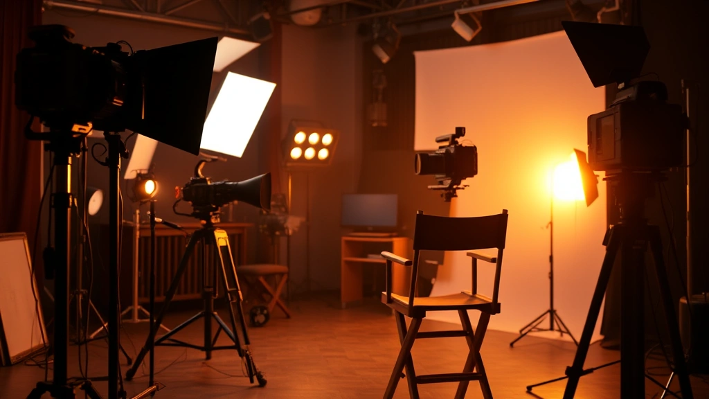 Film production set with professional lighting equipment, director's chair, camera rig, cinema aesthetic, behind-the-scenes filmmaking atmosphere, warm studio lighting, no people or text visible
