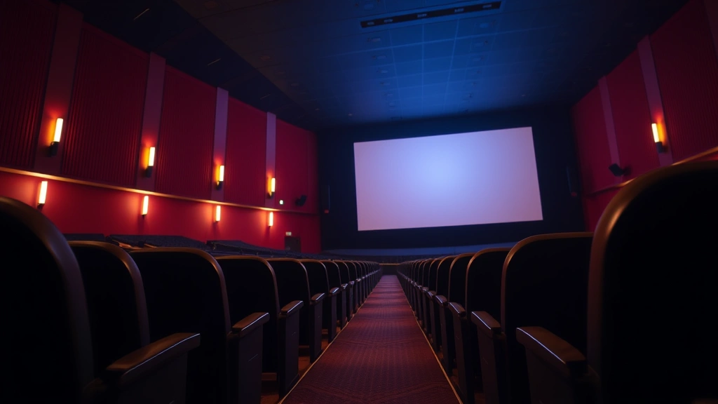 Movie theater interior with rows of empty seats, screen glowing softly, ambient cinema lighting, theatrical atmosphere, depth perspective down the aisle, warm and cool lighting balance, no visible text or signage