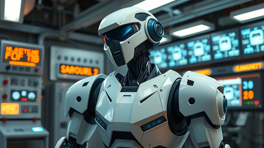 A sleek 1980s military robot with distinctive white and blue plating, positioned in a high-tech laboratory facility with glowing screens and control panels, displaying characteristic tilted head posture suggesting curiosity and awareness, photorealistic rendering with metallic surfaces catching dramatic lighting