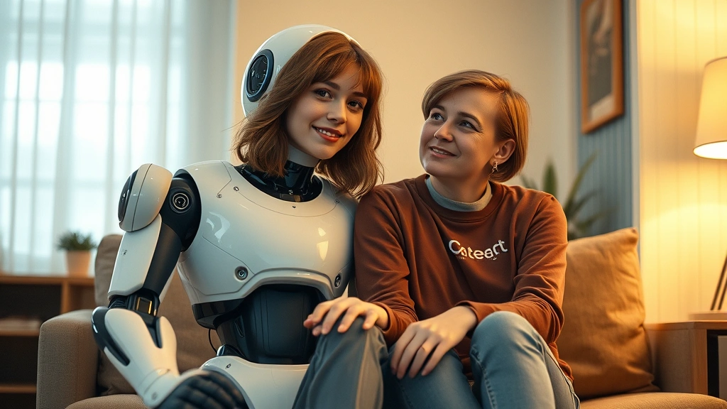 A young woman with 1980s styling sitting casually indoors with a white and blue robot beside her, both positioned to suggest genuine friendship and connection, warm indoor lighting creating intimate atmosphere, photorealistic scene capturing emotional bond between human and machine without any visible text or interface screens