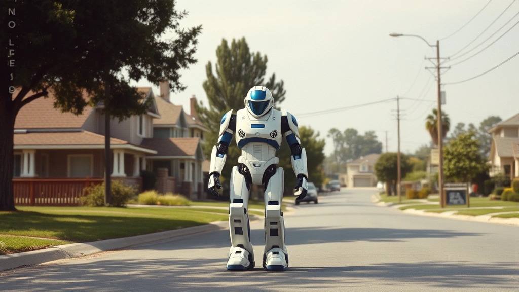 A wide establishing shot of a 1980s suburban American street with houses and trees, showing a distinctive white and blue robot walking or standing in the landscape, bright daylight creating sense of discovery and wonder, photorealistic rendering emphasizing the robot's presence in an ordinary world, no visible text or signs