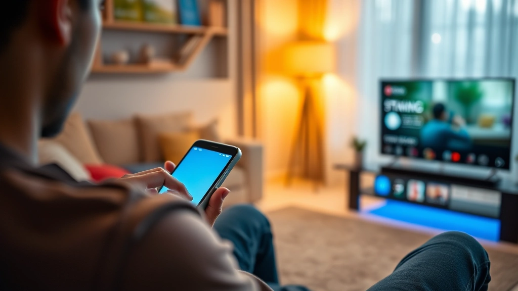 Person using smartphone streaming service with glowing interface, modern living room setting, warm lighting, relaxed posture, premium streaming app visible on screen, no text or UI elements