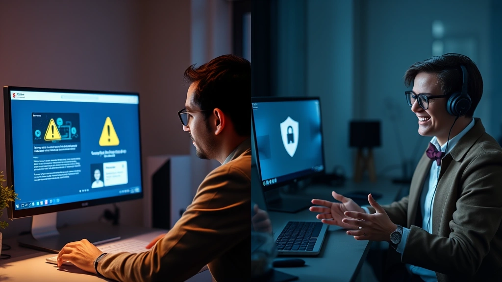 Split-screen comparison: left side shows concerned person at computer with warning symbols, right side shows happy person using legitimate streaming service, digital security concept, clean professional aesthetic