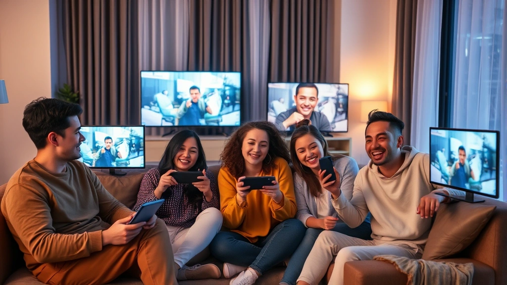 Diverse group of people in modern apartment watching different streaming services on various devices simultaneously, cozy atmosphere, happy expressions, no visible screen content or text, warm ambient lighting