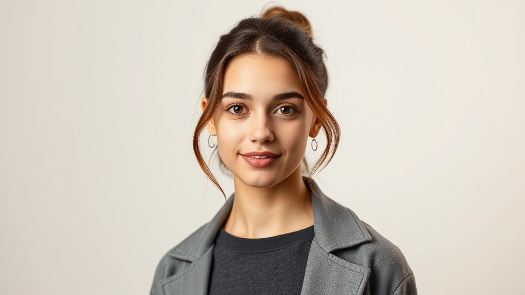 Young female actor in professional headshot studio lighting, confident expression, neutral background, contemporary fashion, soft directional lighting, photorealistic professional portrait