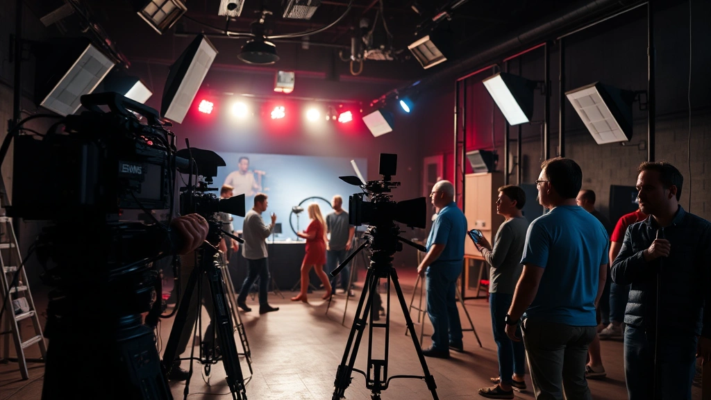 Film production set with camera equipment, lighting rigs, and crew members working on scene, cinematic atmosphere, behind-the-scenes documentary style, professional filmmaking environment