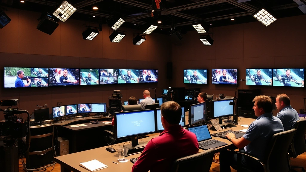 Television studio control room with monitors showing various camera feeds, production team working at technical stations, multiple screens displaying different angles, professional broadcast environment