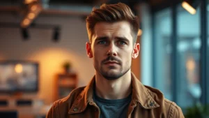 Professional male actor in modern studio setting, thoughtful expression, contemporary clothing, warm lighting, shallow depth of field, cinematic portrait style, no text or identifying features