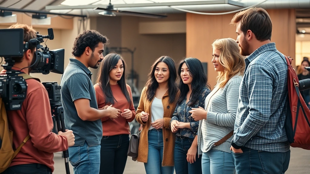 Diverse group of actors collaborating on film set, genuine interaction between cast members, professional production environment, natural lighting, behind-the-scenes authentic moment, no visible equipment or screens