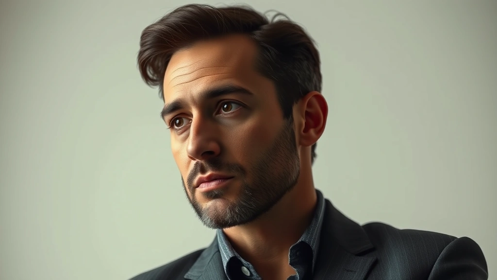 Character actor in contemplative pose, sophisticated professional headshot style, neutral background, expressive face showing emotional range, cinematic lighting, polished but natural appearance, no text overlay