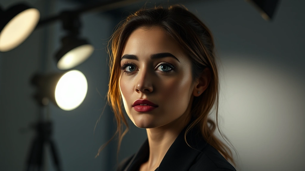 Professional headshot of female actor in dramatic lighting, contemplative expression, modern studio setting, soft shadows, cinematic quality, film industry aesthetic, no text or identifying markers