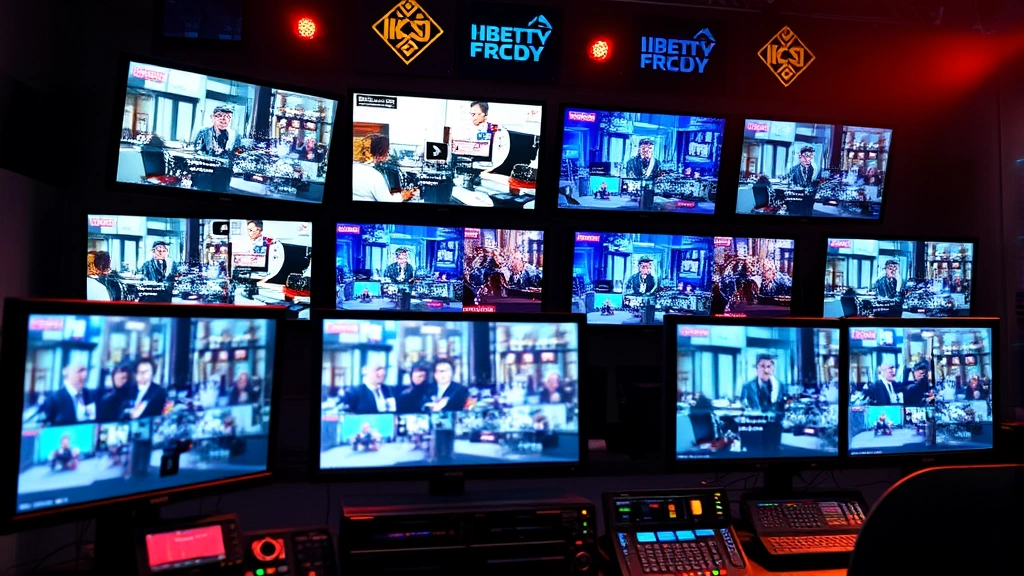 Television studio control room with multiple screens showing production feeds, warm ambient lighting, professional broadcasting environment, focus on technical equipment, digital media production setting, no readable text on displays
