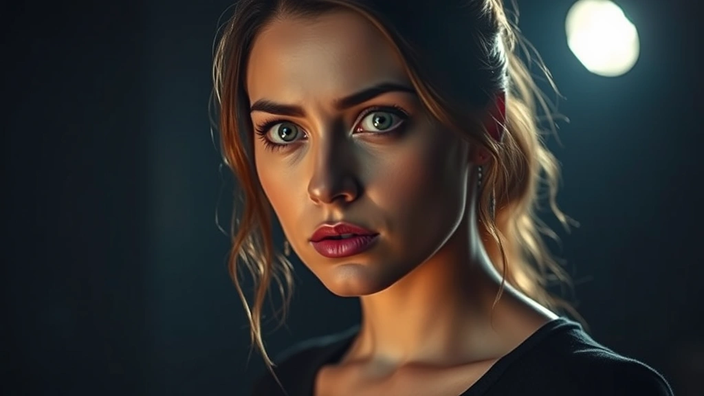 Professional female actor in a dimly lit dramatic scene, intense focused expression, modern cinematic lighting, photorealistic portrait photography, contemporary film production aesthetic, serious emotional intensity