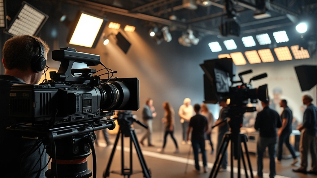 Film set with professional camera equipment and lighting rigs, cinematography in progress, modern production design elements, crew working on dramatic scene, professional filmmaking environment, photorealistic documentation
