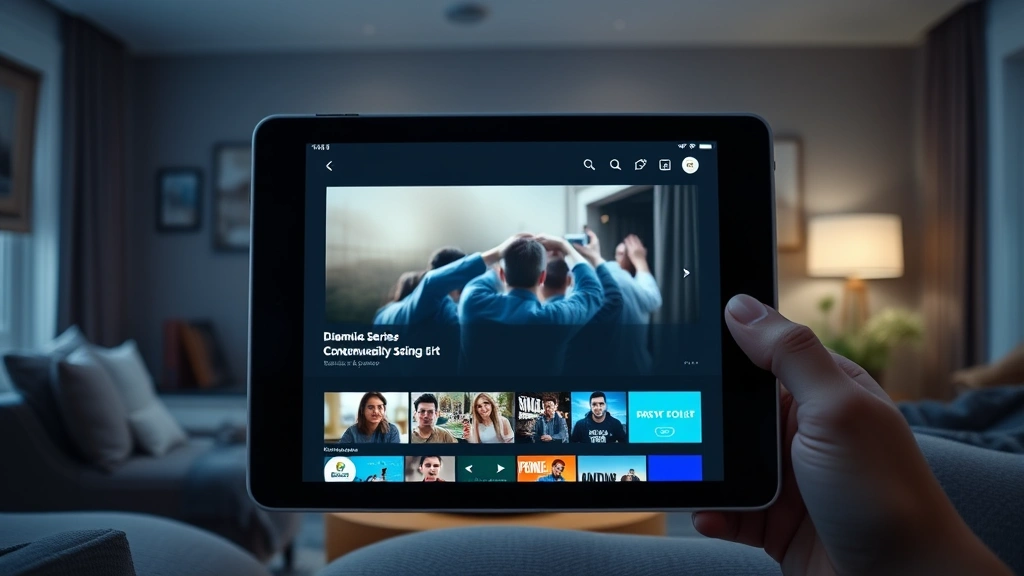 Contemporary streaming service interface on tablet showing dramatic series thumbnail, cozy modern viewing environment, soft ambient lighting, lifestyle photography of entertainment consumption, photorealistic home entertainment setup
