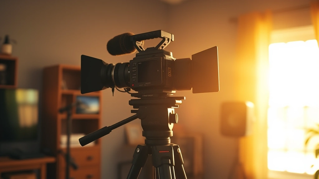 Professional cinematography setup with vintage camera equipment on tripod, warm golden hour lighting filtering through window, bokeh background with subtle film grain aesthetic, intimate studio environment, no visible text or screens
