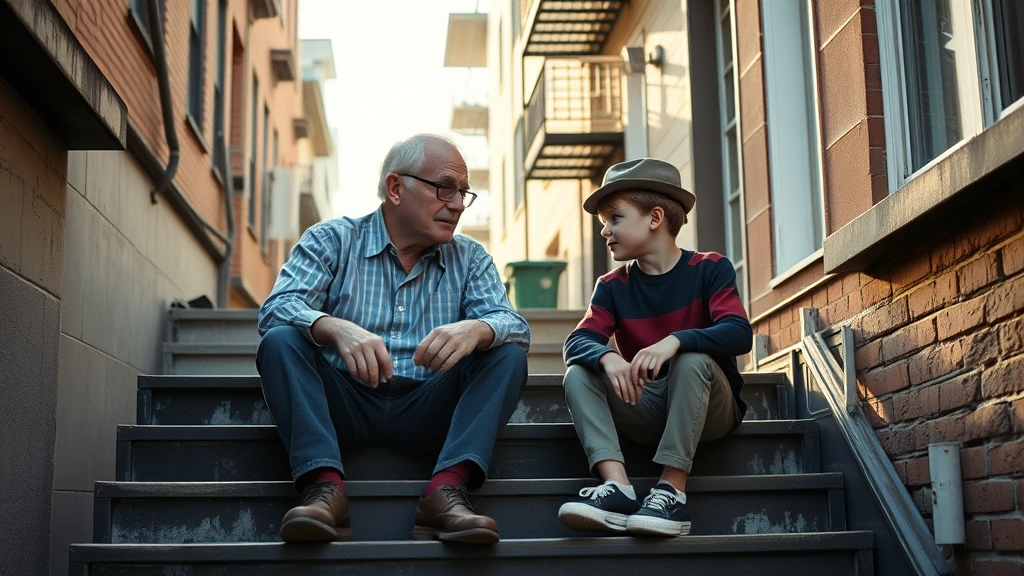Older man and young boy sitting on weathered apartment steps in afternoon light, contemplative mood, urban neighborhood background, film still aesthetic, natural lighting, no dialogue visible, intimate moment between unlikely friends