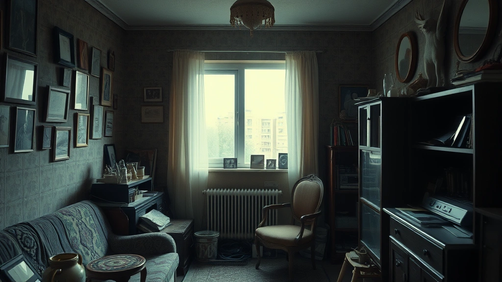 Cluttered apartment interior with vintage furniture and worn decorations, single window with natural light streaming in, reflecting solitude and lived-in character, photorealistic detail, cinematic composition, melancholic atmosphere