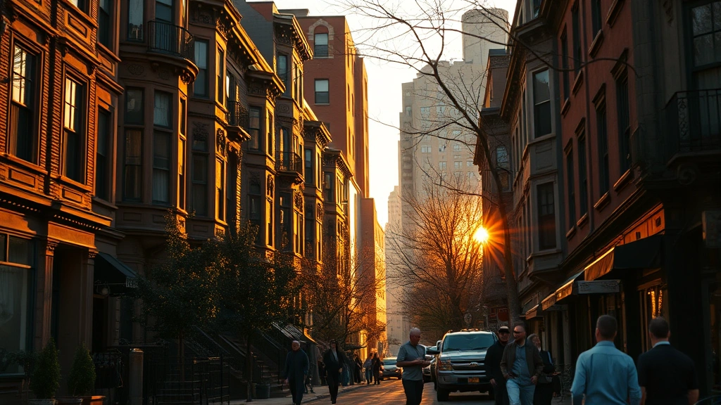 Diverse urban neighborhood street scene during golden hour, brownstone buildings, people walking, community context established through background details, street-level perspective, authentic city environment, film noir inspired lighting