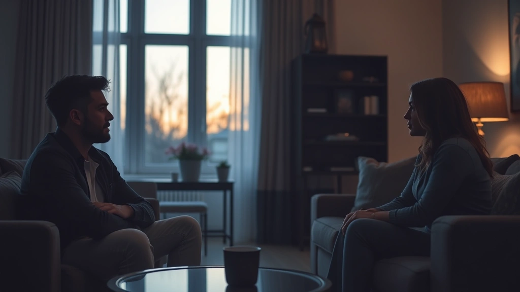 Two people having an intense conversation in a dimly lit modern apartment, sitting on opposite ends of a couch, natural evening light from windows, capturing emotional tension and vulnerability between characters