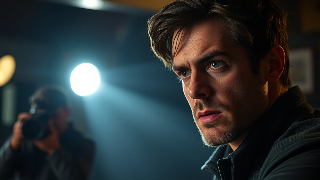 Professional actor in dramatic scene, intense facial expression, cinematic lighting, film set atmosphere, focused on character authenticity and emotional depth