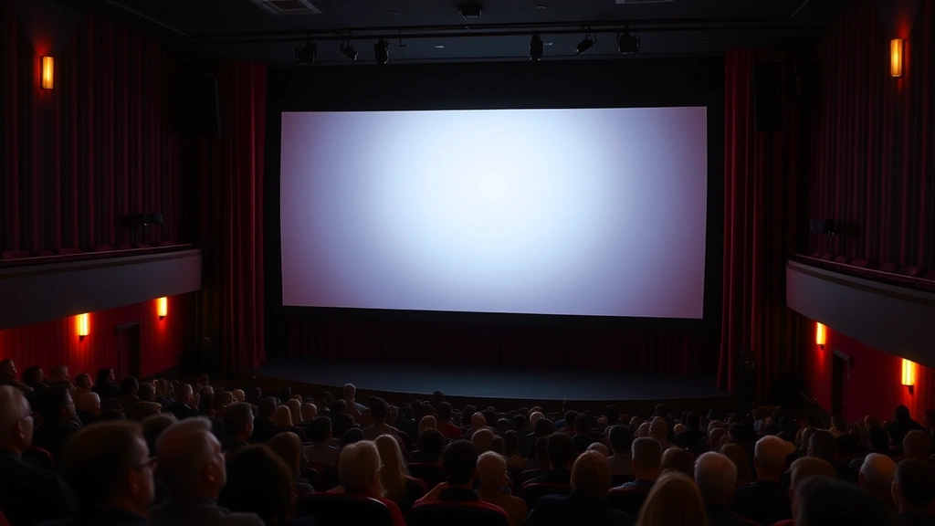 Movie theater interior with illuminated screen, audience silhouettes, warm theatrical lighting, contemporary cinema environment, capturing theatrical experience essence