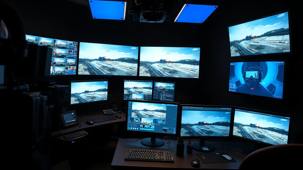 Film editing suite with multiple monitors displaying footage, professional color grading setup, digital filmmaking technology, post-production creative process