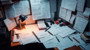 A physicist's desk scattered with papers, equations, and theoretical diagrams under soft lighting, representing intellectual work and scientific discovery without any visible text or screens