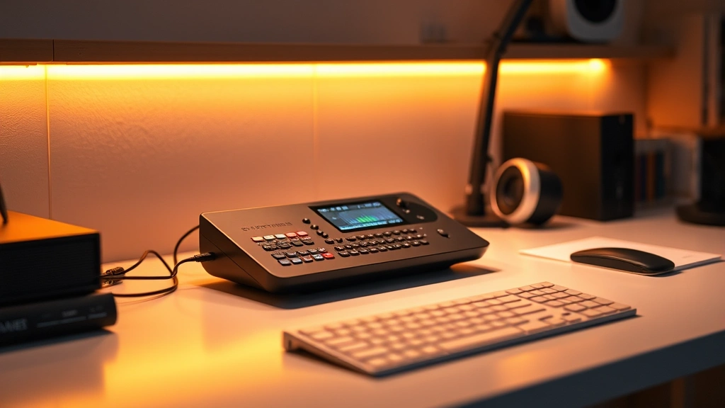 A modern speech synthesizer device on a minimalist desk with warm ambient lighting, symbolizing communication technology and accessibility innovation in scientific research