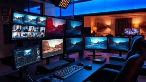 Cinematic color grading workstation with multiple monitors displaying film footage, professional color correction interface, ambient studio lighting reflecting on glass surfaces, digital filmmaking technology
