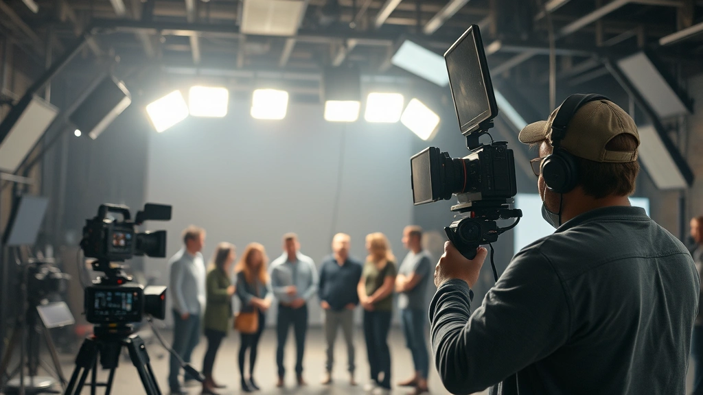 Film production set with director operating camera equipment, actors in mid-scene, professional lighting rigs overhead, collaborative filmmaking environment, modern cinema equipment