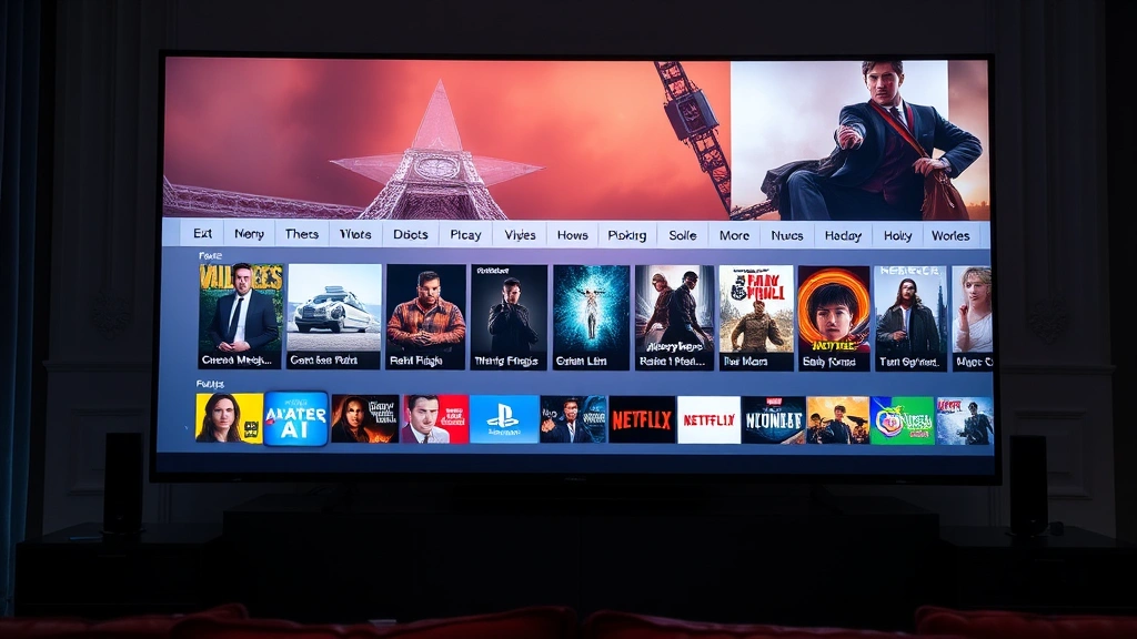 Streaming platform interface on large screen displaying film content, digital distribution technology, contemporary media consumption setup, modern cinema distribution systems